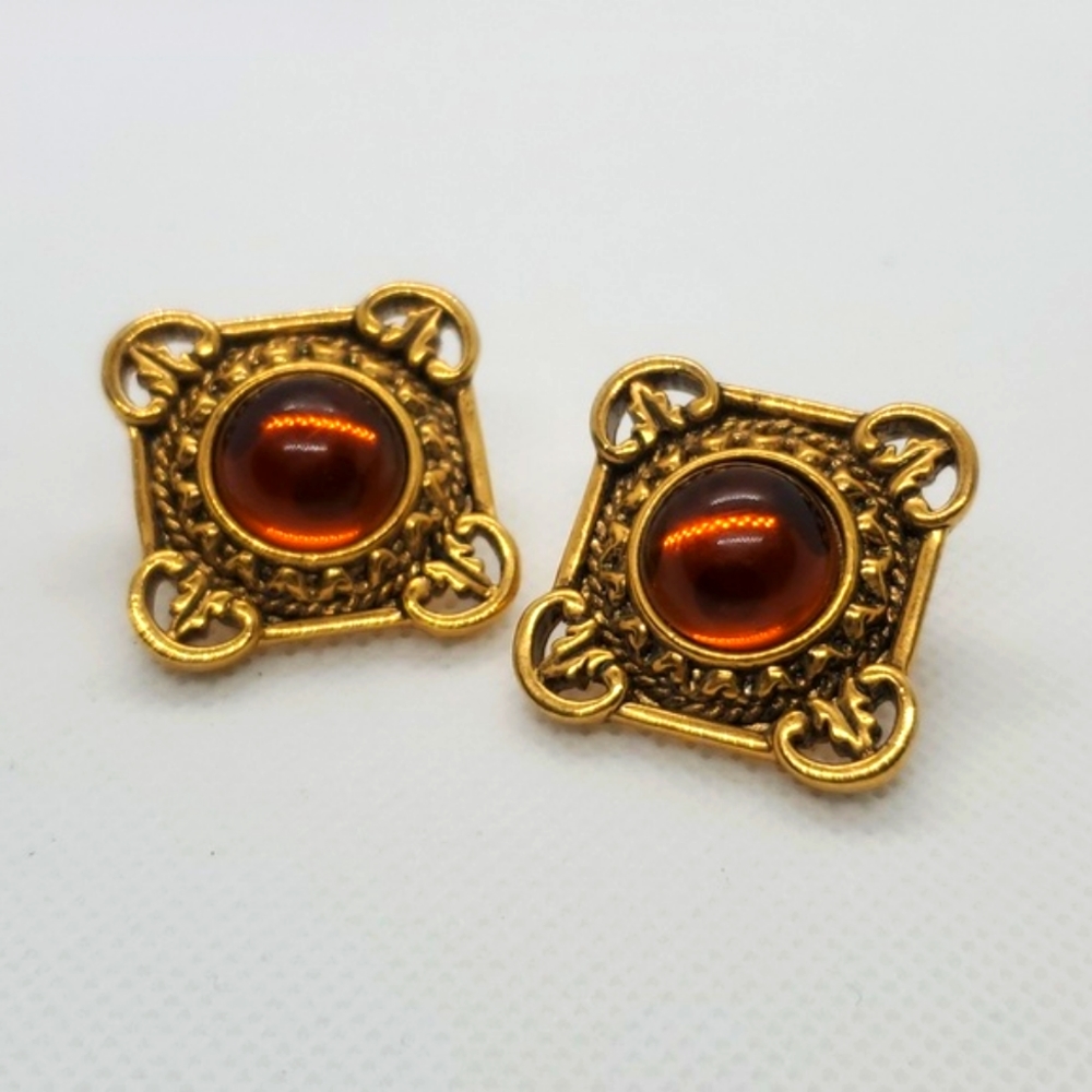 Vintage Gold and Orange Acryllic Clip-on Earrings